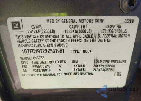 1999 GMC Sierra 1500 Sle z USA, uszkodzony, nr VIN 1GTEC19T2XZ537961